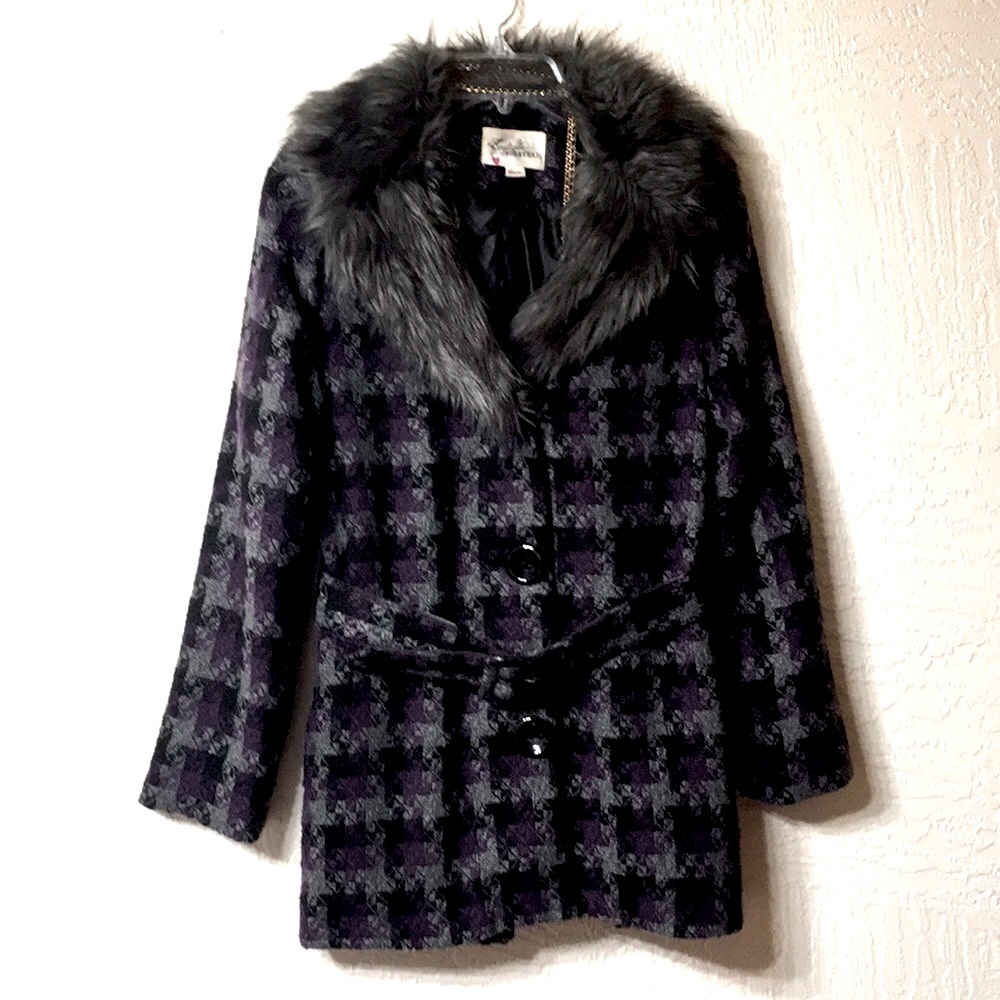 plaid coat purple gray faux fur